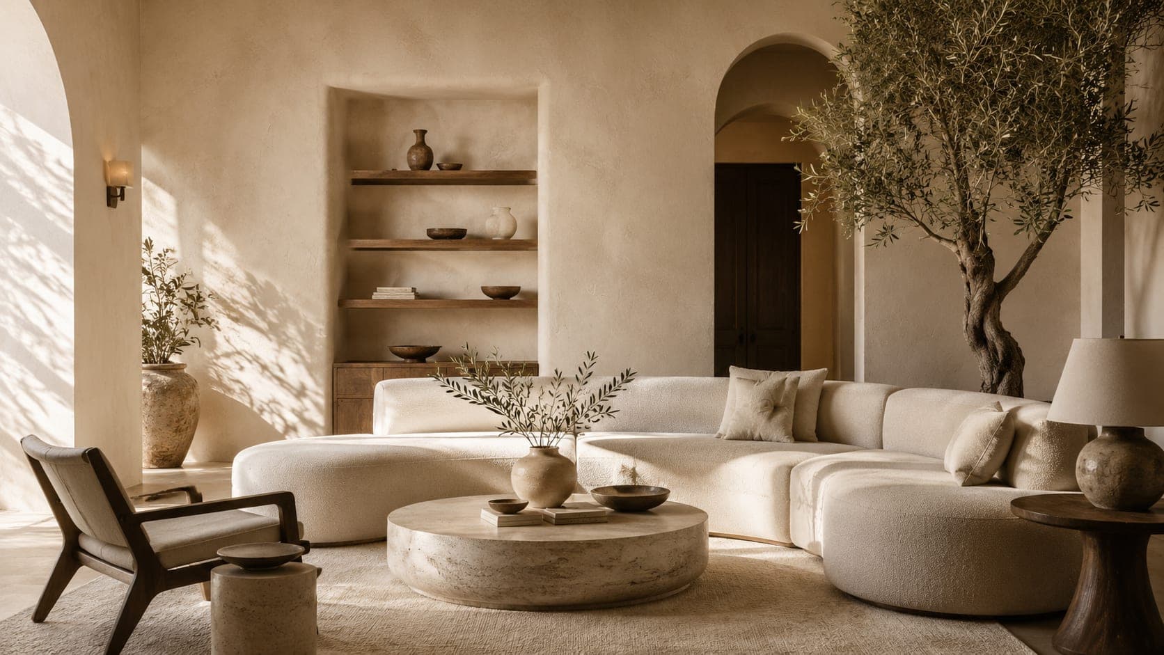 A sun-lit living room finished in warm hand-troweled mineral plaster.
