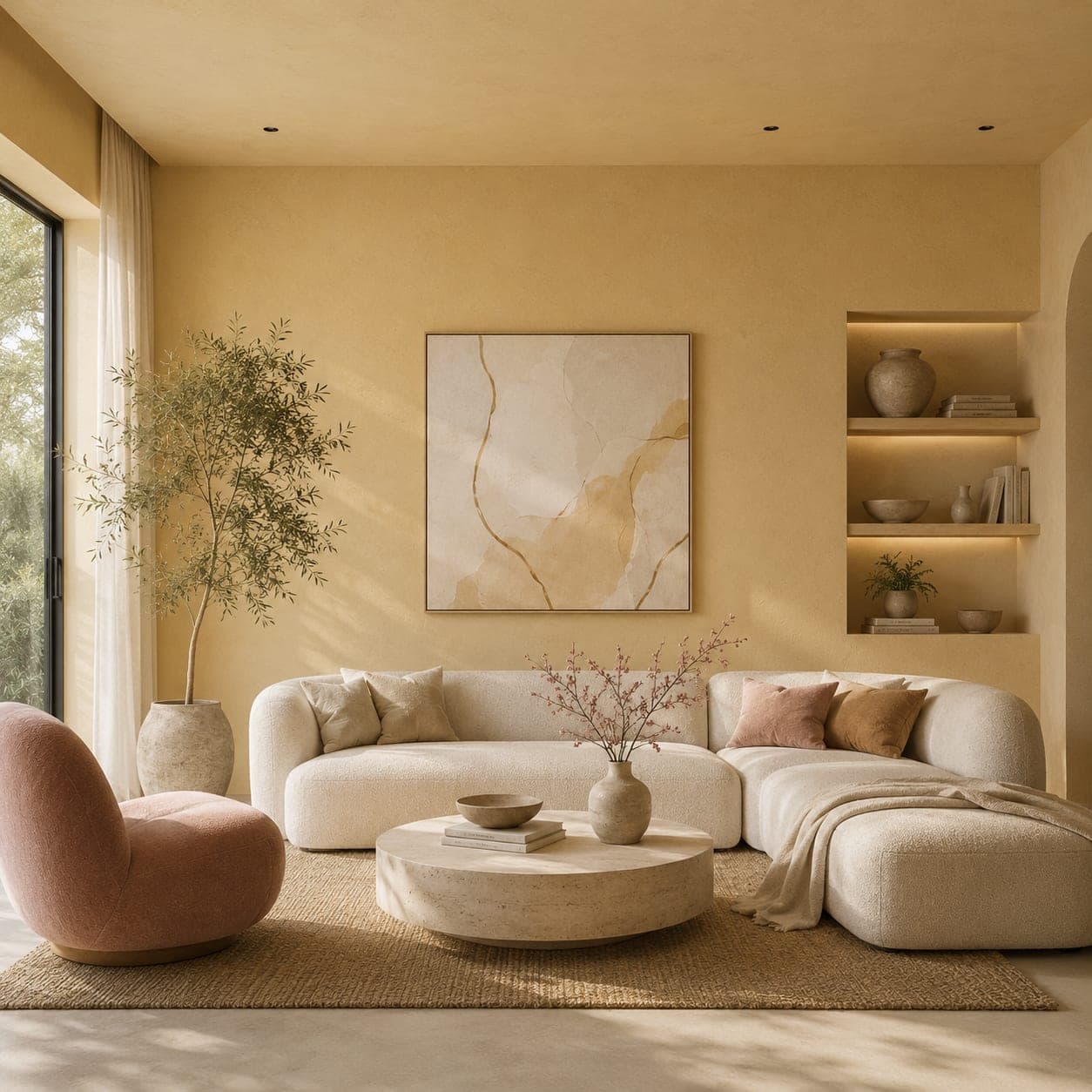 A sunlit living room with hand-plastered walls in warm ochre, a bouclé sofa and an olive tree.