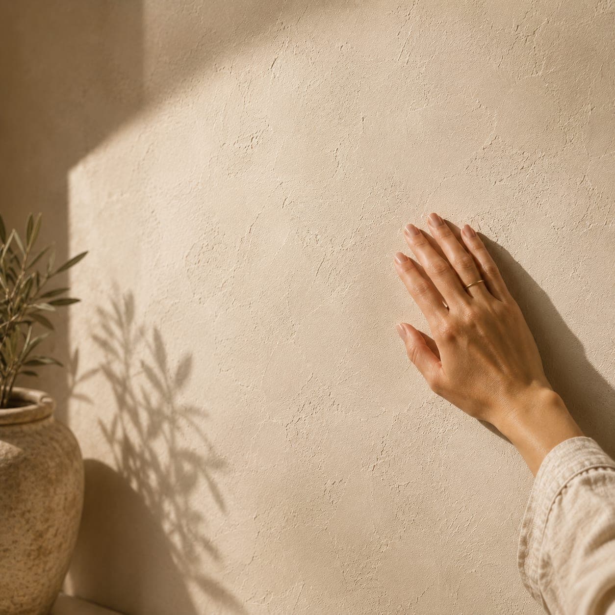 A hand-troweled Crustal lime-plaster wall in warm daylight.