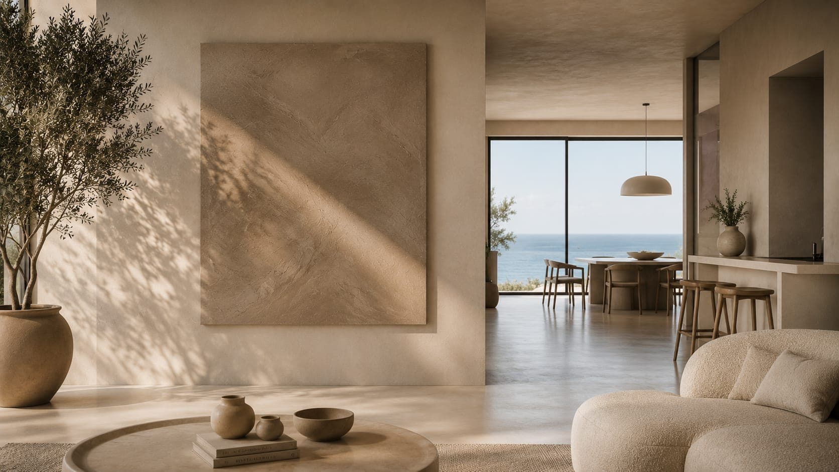 A sunlit Mediterranean living room with hand-troweled plaster walls, a large plaster art panel, an olive tree and a sea view.
